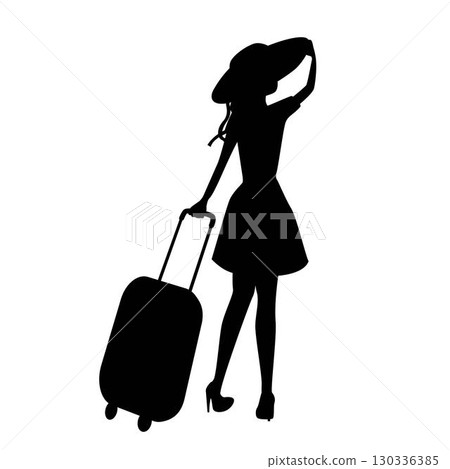 Black silhouette of stylish woman walking with suitcase, dressed in elegant dress, hat and high heels. Travel, vacation, tourism banner, poster. Cartoon vector Illustration isolated on transparent Black silhouette of stylish woman walking with suitcase, dressed in elegant dress, hat and high heels. Travel, vacation, tourism banner, poster. Cartoon vector Illustration isolated on transparent 130336385