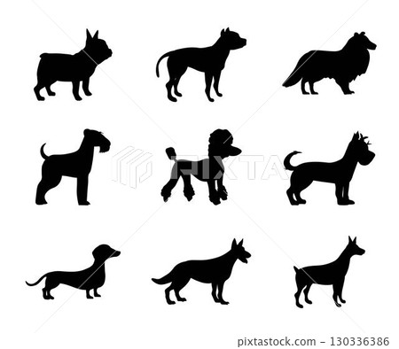 Set of black dog silhouettes featuring different breeds such as bulldog, pit bull, collie, schnauzer, poodle, dachshund, shepherd and terrier. Minimalistic flat vector illustrations set Set of black dog silhouettes featuring different breeds such as bulldog, pit bull, collie, schnauzer, poodle, dachshund, shepherd and terrier. Minimalistic flat vector illustrations set 130336386