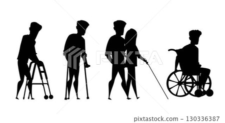 Silhouettes of people with disabilities. Person on with a walker, crutches, a blind person with a cane and a wheelchair user. Inclusive concept. Flat vector illustrations set on transparent 130336387