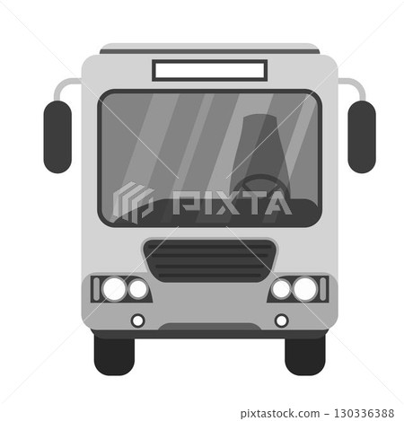 Front view of modern city bus in grayscale colors. Minimalistic and clean design for public transportation, travel, urban mobility and vehicle-related themes. Flat vector illustration 130336388
