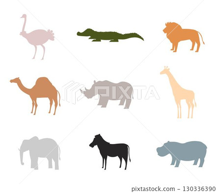 Set of African animal silhouettes in different colors, including ostrich, crocodile, lion, camel, rhino, giraffe, elephant, zebra, and hippo. Minimalistic wildlife vector illustrations Set of African animal silhouettes in different colors, including ostrich, crocodile, lion, camel, rhino, giraffe, elephant, zebra, and hippo. Minimalistic wildlife vector illustrations 130336390