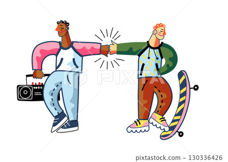 Two young friends give each other a fist bump. One holds a boombox, while the other has a skateboard. Hip-hop and skateboarding style. Trendy vector illustration Two young friends give each other a fist bump. One holds a boombox, while the other has a skateboard. Hip-hop and skateboarding style. Trendy vector illustration 130336426