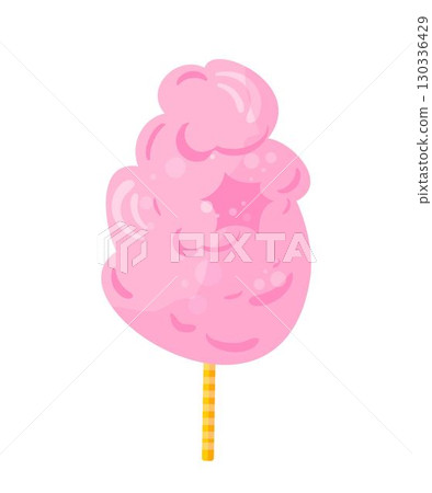 Fluffy cotton candy flat vector illustration. Delicious pink sugar cloud on stick. Traditional street fair, carnival food. Sweet snack isolated on transparent background Fluffy cotton candy flat vector illustration. Delicious pink sugar cloud on stick. Traditional street fair, carnival food. Sweet snack isolated on transparent background 130336429
