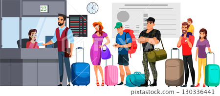 People standing in line at airport check-in counter. Passport control in airport. Travelers with luggage, backpacks and suitcases waiting for service. Tourists at hotel reception. Vector illustration 130336441