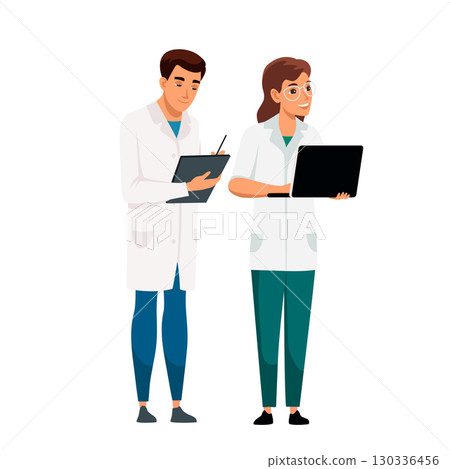 Two doctors in white coats discussing medical data. Female doctor holding laptop, male doctor writing on clipboard. Medical consultation, healthcare professionals, hospital staff. Vector illustration 130336456