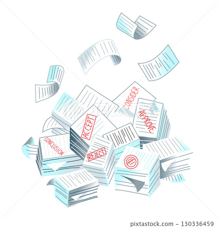 Bureaucracy concept. Paper documents, paperwork background. Administrative overload. Large pile of paperwork with stamps like accept, reject, approve, consider. Flat vector illustration 130336459