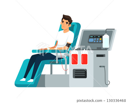 Blood donation process. Man sitting in medical chair donating blood with collection machine. Healthcare, volunteering, charity, life-saving medical concept. Vector illustration Blood donation process. Man sitting in medical chair donating blood with collection machine. Healthcare, volunteering, charity, life-saving medical concept. Vector illustration 130336468