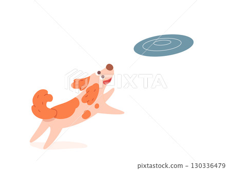 Dog playing with frisbee. Happy cute ginger puppy jumping to catch flying disc on white background. Fun pet activity. Playful animal. Cartoon vector illustration 130336479