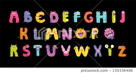 Cute monster alphabet font. Colorful letters from A to Z designed as funny monsters with eyes, teeth, horns, and unique textures. Cartoon vector illustration Cute monster alphabet font. Colorful letters from A to Z designed as funny monsters with eyes, teeth, horns, and unique textures. Cartoon vector illustration 130336486