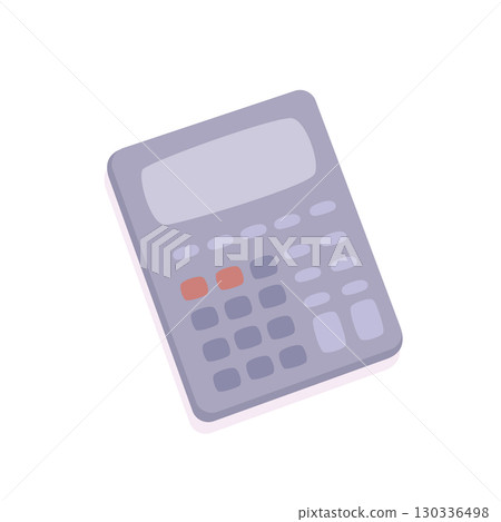 Calculator. Flat vector illustration of gray calculator with buttons and display, isolated on white background. Office, finance, accounting, mathematics, school supplies themes Calculator. Flat vector illustration of gray calculator with buttons and display, isolated on white background. Office, finance, accounting, mathematics, school supplies themes 130336498