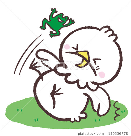 Illustration of a white bird that is surprised by a frog and falls on its tail Illustration of a white bird that is surprised by a frog and falls on its tail 130336778
