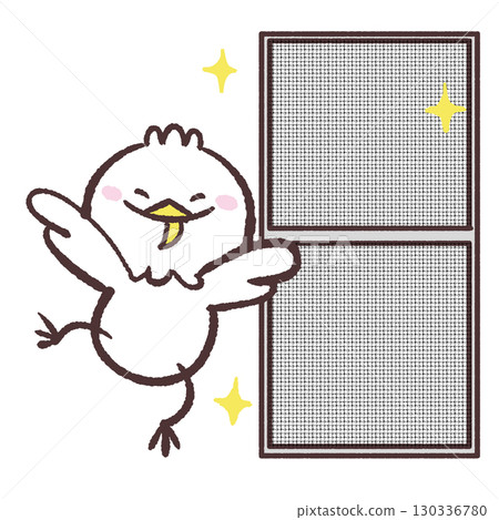 Illustration of a white bird happy with a clean screen door 130336780