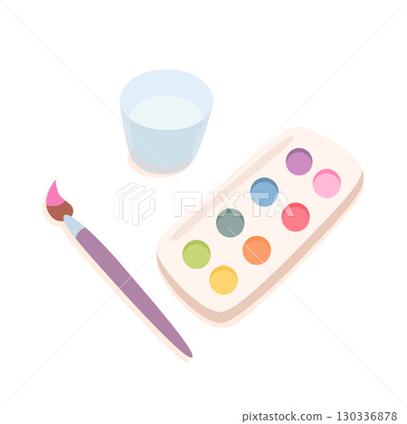 Watercolor paint set. Flat vector illustration of palette with multicolor paints, paintbrush with pink paint, cup of water, isolated on white background. Art, painting, school supplies themes Watercolor paint set. Flat vector illustration of palette with multicolor paints, paintbrush with pink paint, cup of water, isolated on white background. Art, painting, school supplies themes 130336878