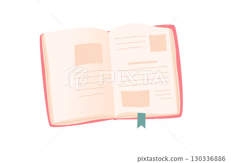 Open book illustration. Flat vector of textbook or journal with blank pages, simple lines, and placeholders for text and images. Study, reading, and education concept on white background 130336886