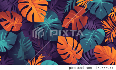 A vivid, artistic background with a dark purple center surrounded by stylized, colorful tropical leaves in shades of orange, teal, and magenta, with a textured finish. 130336933