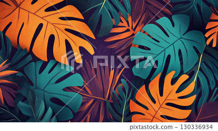 A vivid, artistic background with a dark purple center surrounded by stylized, colorful tropical leaves in shades of orange, teal, and magenta, with a textured finish. A vivid, artistic background with a dark purple center surrounded by stylized, colorful tropical leaves in shades of orange, teal, and magenta, with a textured finish. 130336934
