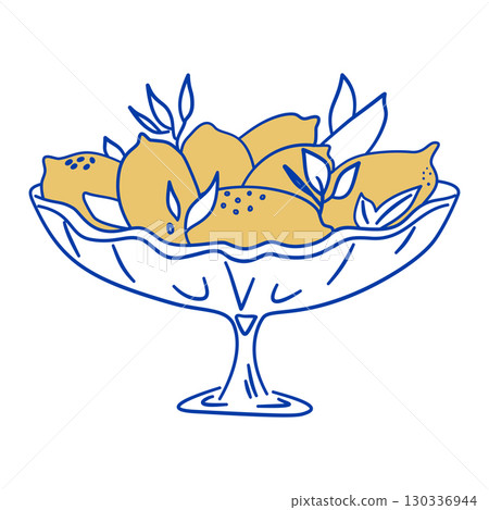 Outline illustration of lemons in a vase with Mediterranean mood in blue and yellow tones. Perfect for kitchen decor, restaurants, packaging, and designers inspired by citrus themes. 130336944