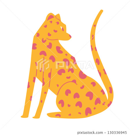Illustration of a leopard with pink spots in yellow tones. 130336945