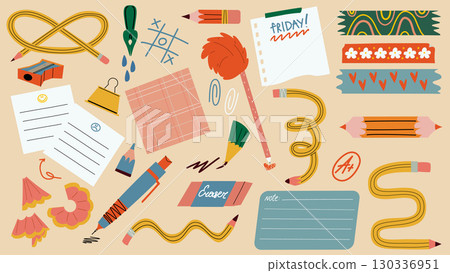 Set of stationery elements including pencils, pens, notes, eraser, clips, and colorful tape. Perfect for students, teachers, planners 130336951