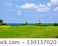 A resort golf course and green flag against the refreshing blue tropical sky and sea (Miyakojima City, Okinawa Prefecture) 130337020