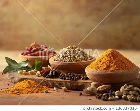 Various Indian spices set against a dark and rustic background. 130337030