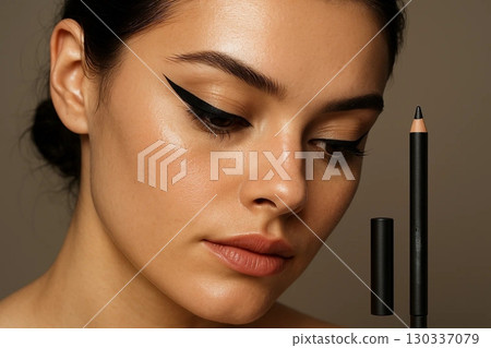 Hyper-Realistic Close-Up Portrait of Young Woman with Luminous Skin and Sharp Black Winged Eyeliner 130337079