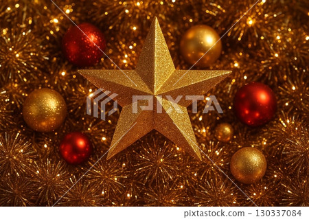 Golden Star and Christmas Ornaments Festive Holiday Decorations 130337084