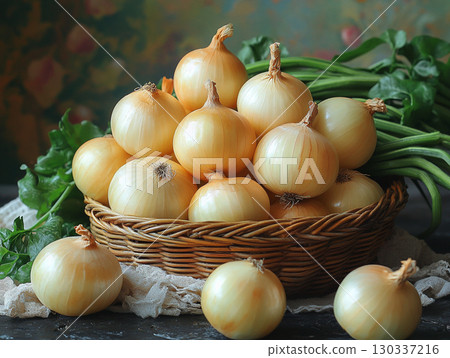 A whole yellow onions with a few green stalks to the side. The image has a dark, moody background with a focus on texture and detail. A whole yellow onions with a few green stalks to the side. The image has a dark, moody background with a focus on texture and detail. 130337216