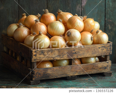 A whole yellow onions with a few green stalks to the side. The image has a dark, moody background with a focus on texture and detail. 130337226