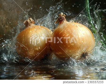 A whole yellow onions with a few green stalks to the side. The image has a dark, moody background with a focus on texture and detail. A whole yellow onions with a few green stalks to the side. The image has a dark, moody background with a focus on texture and detail. 130337233