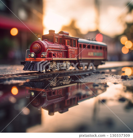 A close-up of a red toy train on a wet surface, reflecting the warm, glowing light of a sunset. A close-up of a red toy train on a wet surface, reflecting the warm, glowing light of a sunset. 130337309