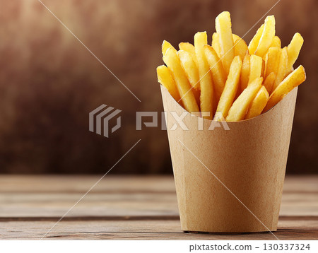A cup of crispy, golden french fries stands upright on a rustic wooden table. The focus is on the delicious, fast-food snack against a dark, blurred background. 130337324