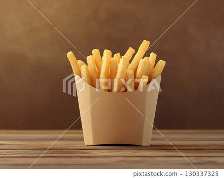 A cup of crispy, golden french fries stands upright on a rustic wooden table. The focus is on the delicious, fast-food snack against a dark, blurred background. 130337325