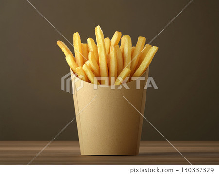A cup of crispy, golden french fries stands upright on a rustic wooden table. The focus is on the delicious, fast-food snack against a dark, blurred background. 130337329