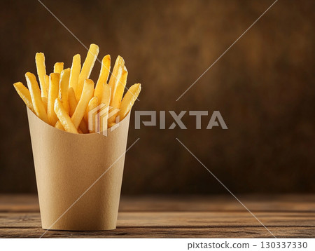 A cup of crispy, golden french fries stands upright on a rustic wooden table. The focus is on the delicious, fast-food snack against a dark, blurred background. 130337330