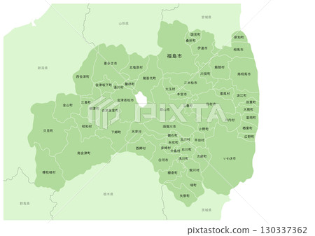 Map of Fukushima Prefecture's cities and surrounding areas. From a map of Japan. (City and town names and information on surrounding areas) 130337362