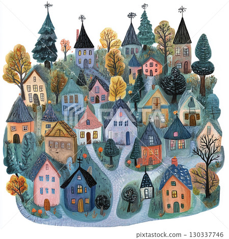 A colorful, whimsical village with houses of various shapes and sizes nestled among trees on a white background.  130337746