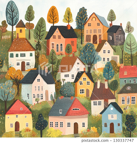A colorful, whimsical village with houses of various shapes and sizes nestled among trees on a white background.  130337747