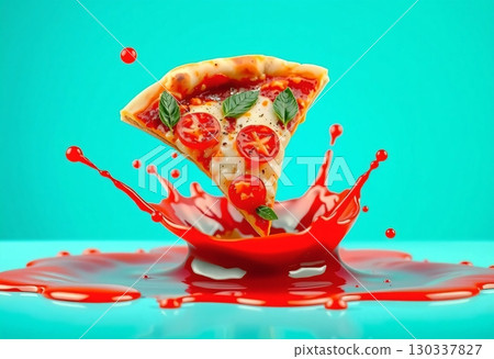 Crispy slice of pizza with melted cheese and tomatoes 130337827