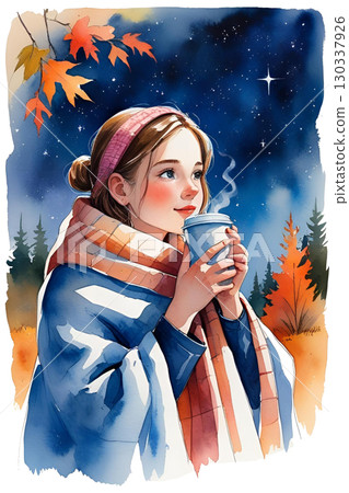 秋日夜空下享用熱飲的女人 130337926