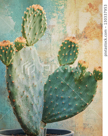 A close-up of an opuntia cactus in a pot, against a vibrant yellow background.  130337953