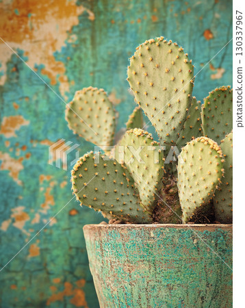 A close-up of an opuntia cactus in a pot, against a vibrant yellow background. A close-up of an opuntia cactus in a pot, against a vibrant yellow background. 130337967