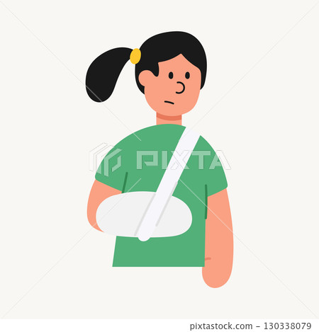 Cartoon illustration of an injured woman wearing an arm cast. Health, accident recovery, and medical care concept. Cartoon illustration of an injured woman wearing an arm cast. Health, accident recovery, and medical care concept. 130338079