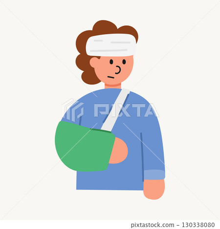 Cartoon illustration of an injured woman wearing an arm cast. Health, accident recovery, and medical care concept. Cartoon illustration of an injured woman wearing an arm cast. Health, accident recovery, and medical care concept. 130338080