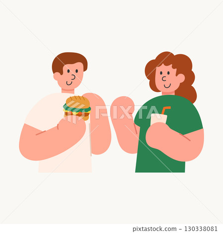 Cartoon illustration of two men eating fast food and talking. Food, lifestyle, and social interaction concept. 130338081