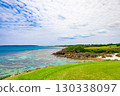 A hole overlooking the ocean at a resort golf course with a refreshing tropical blue sky and a view of the sea with its shining coral reefs (Miyakojima City, Okinawa Prefecture) 130338097