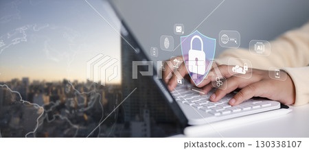 Cybersecurity concept with digital lock and shield icon, data protection and secure access technology 130338107
