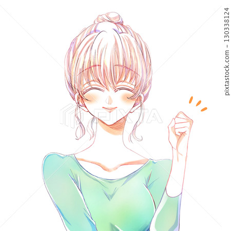 微笑的女人用一隻手握拳，微笑，髮髻 130338124