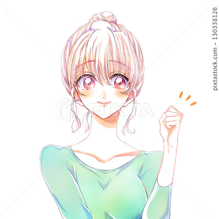 Smiling woman with one hand making a fist, bun hair Smiling woman with one hand making a fist, bun hair 130338126