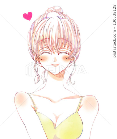 Smiling woman with bun hairstyle, smiling, underwear, heart Smiling woman with bun hairstyle, smiling, underwear, heart 130338128
